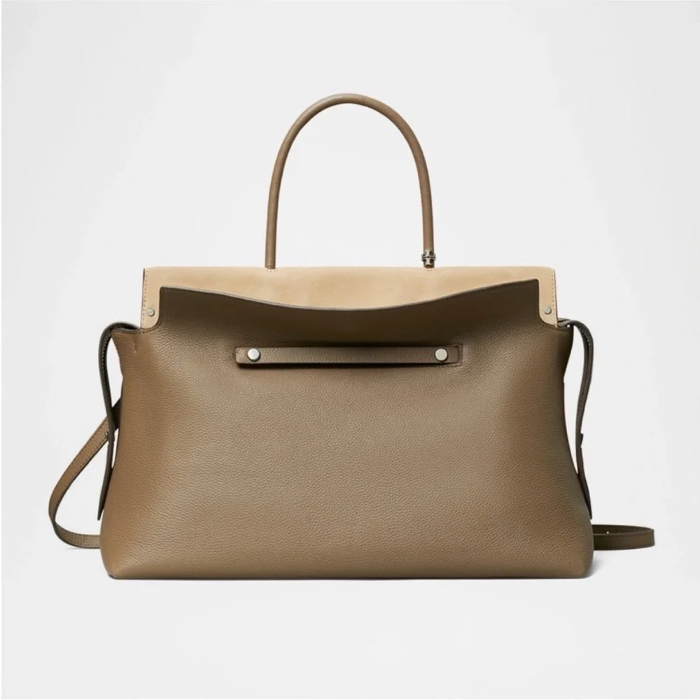 Tory Burch Mercer Large Pebbled Leather Satchel Bag Elegant Tan